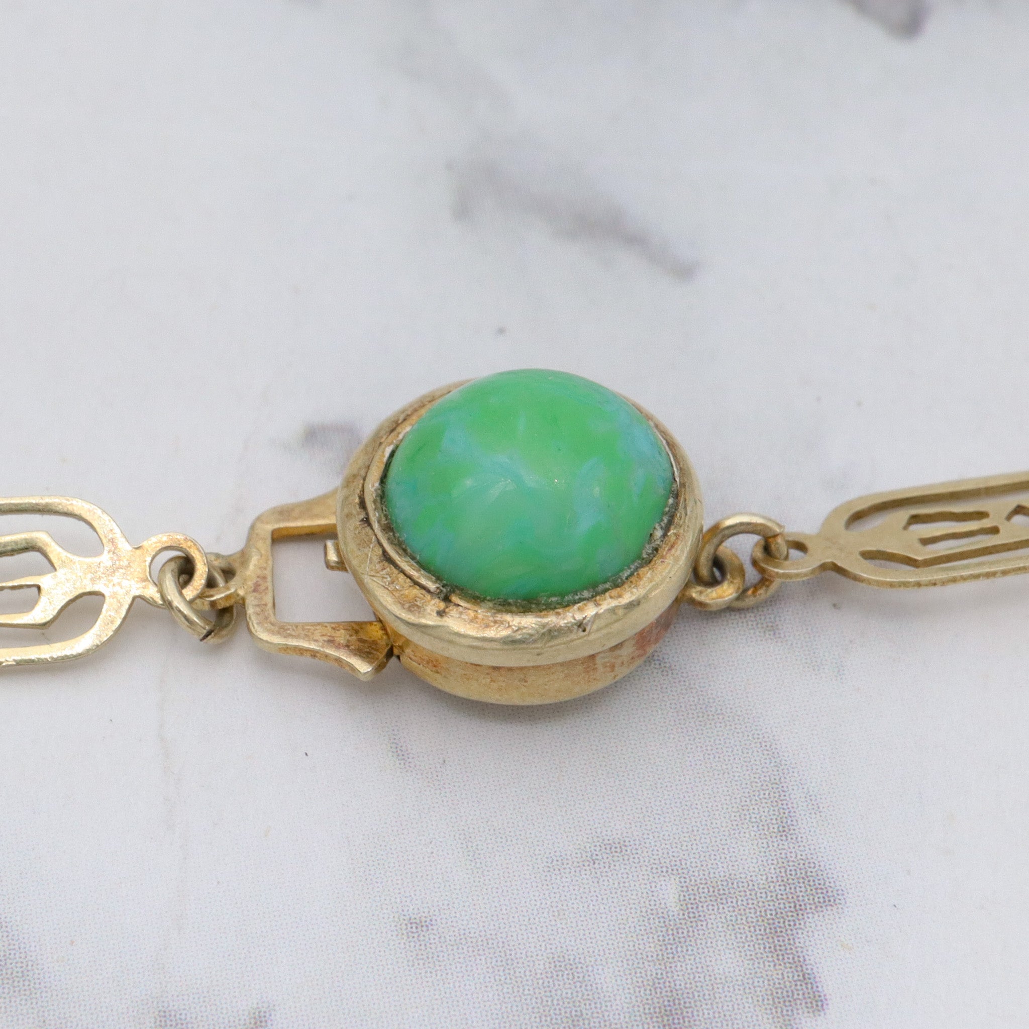 Antique art deco Chinese vermeil sterling tile link & peking glass cabochons necklace - 15"